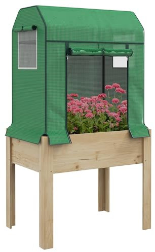 Outsunny Wooden Raised Planter with Plastic Greenhouse Cover and Bed Liner, Elevated Garden Bed for Vegetables, Flowers, Herbs, 86 x 60 x 165cm, Green