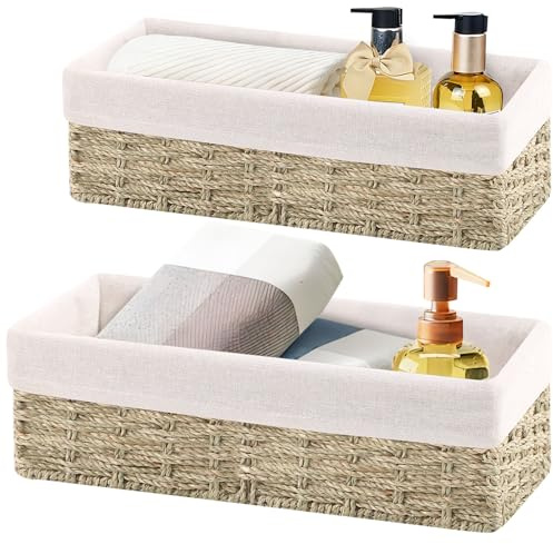 OUTBROS Set de 2 Paniers de Rangement, Corbeille Osier Décoratifs avec Doublure, Boite Tressés en Osier, Pour Chambre, Salle de Bain, Bureau, Corde D'herbe, STB201-Q