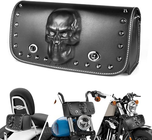 Quixofiber Motorcycle Handlebar Bag 3D Skull Motorcycle/Motorbike Saddle Bags PU Leather Waterproof Motorbike Handlebar Bag for Honda Yamaha Kawasaki Suzuki Harley Triumph (Black)