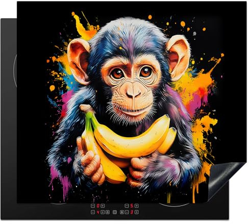 KitchenYeah© Protection Pour Plaque Induction 59x52 cm Plaque de Deco Cuisine Protégé Cache De Cuisson Vitroceramique Singe - Graffiti - Coloré - Bananes - Modern