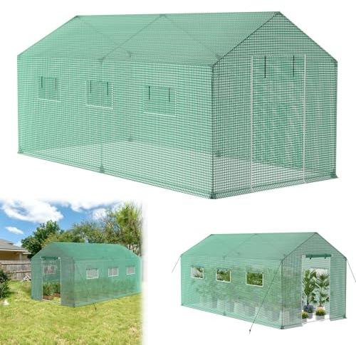 LZQ Invernadero resistente al invierno, 9 ㎡, casa de tomates con lámina de rejilla resistente a los rayos UV, ventanas y marcos de tubos galvanizados, protección contra heladas, túnel de lámina para