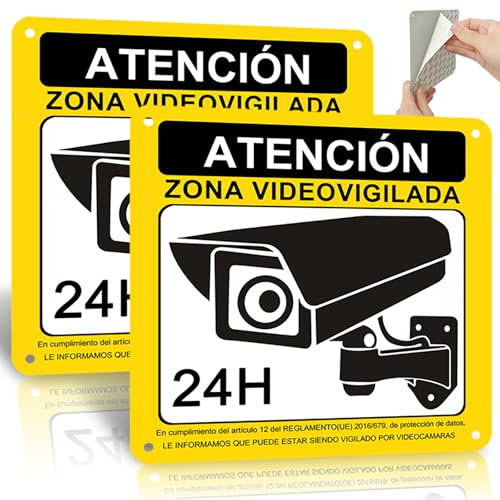 ROUMIO 2 Piezas Cartel Videovigilancia de Aluminio - 15x15 cm Cartel Zona Videovigilada - Con pegatinas autoadhesivas y agujeros reservados - Patrones llamativos - Robustas y duraderas