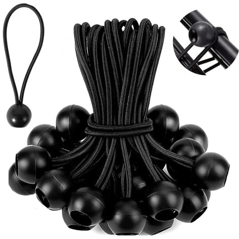 Elastici per tendaggi con sfera di fissaggio in gomma, 15 cm, 50 pezzi, con sfera di colore nero, elastico con gancio, per teloni, tende da campeggio, tettoie