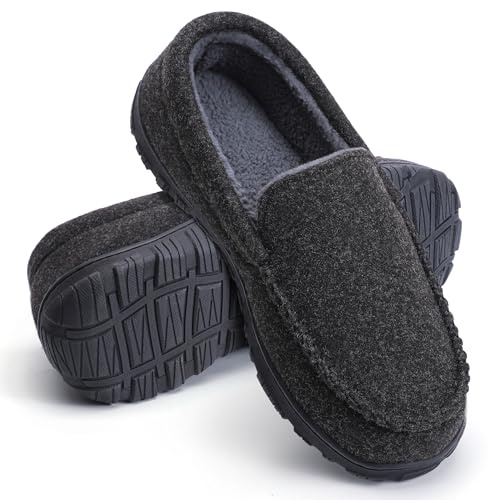MIXIN Moccasins for Men House Slippers Indoor Outdoor Plush Mens Bedroom Shoes with Hard Sole DarkGrey Size 9