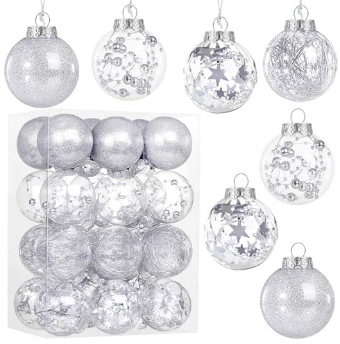 Kesote 24 Bolas de Navidad Plateadas y Transparentes de 6cm, Adornos Colgantes para Árboles de Navidad, Decoración Navideña de Bola Brillante (Plata)