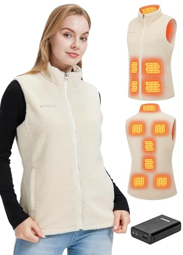 Gokozy Heated Gilet Womens with 7.4V Battery,11 Heating Zones Sherpa Fleece Heated Vest,White Faux Fur Heated Body Warmer for Women,3 Heat Settings for Winter Commuting,Dog Walking,Gift for Her