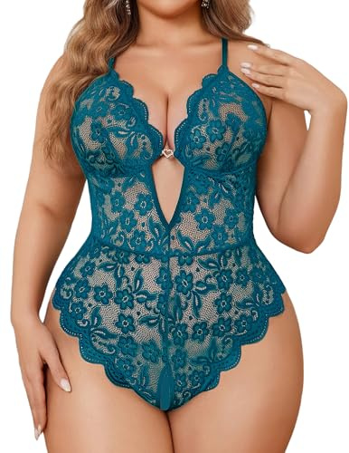 Avidlove Plus Size Lingerie Sexy Teddy Lingerie Deep V Babydoll Cut Out One Piece Babydoll Blue Green 2XL