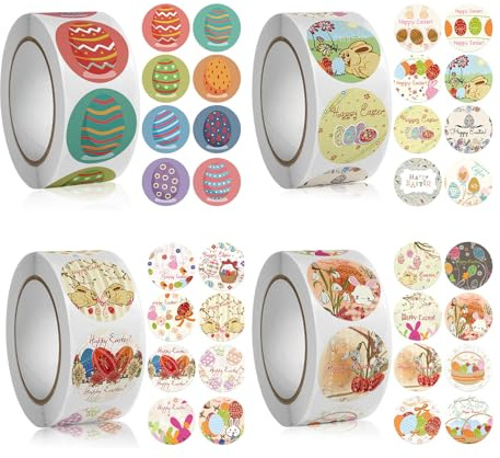 Adesivi Pasquali Colorati - Set di 4 Rulli, 500 Adesivi per Rullo, 2000 Adesivi Totali, Perfetti per Decorazioni di Pasqua, Eventi, Regali e Feste - Adesivi con Uova e Coniglietti