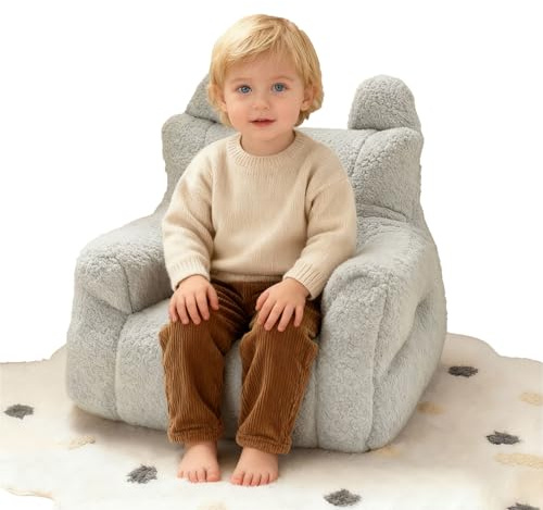 Poltrona a sacco per bambini con contenitore | Poltrona in pile per bambini con imbottitura inclusa | Seduta leggera da pavimento per camera da letto o sala giochi (Grey)