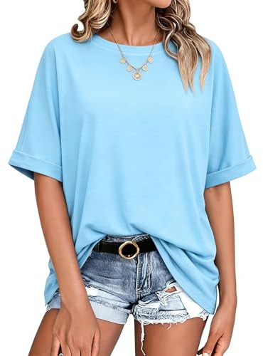 Terecey Maglietta Donna Oversize a Maniche Corte Slim Fit Larga Shirt Estate Maglia Stretch Blusa Scollo Tondo Casual Tops 2026, Azzurro Cielo L