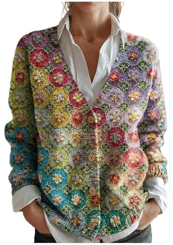 Cárdigan de Navidad para Mujer Retro Suéter Manga Larga Chaqueta Punto Jersey Chaquetas Sueter Abrigo Elegante Rebeca Jerseis con Botones Y Escote Entretiempo Oversize Sweater Ropa Invierno