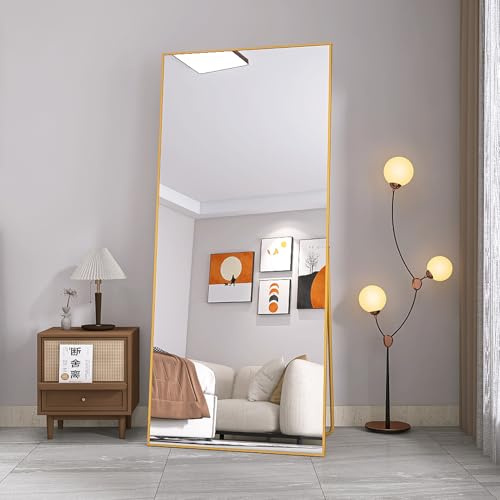 BursDany Miroir sur Pied Rectangulaire 180x80 cm - Grand Miroir Mural avec Cadre Aluminium Multi-Fonction (Suspendu/Posé/Appuyé), pour Salle de Bain, Chambre, Entrée ou Salon, Doré