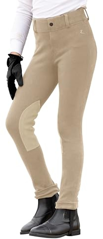 HORZE Nora Girls Riding Pants with Leather Knee Patch | Kids Equestrian Girls Jodhpurs Breeches | Size Chart in Images - Tan - XXS