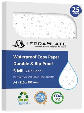 TerraSlate Waterproof Laser Printer Paper – Rip-Proof, Weatherproof, 5 Mil (24lb Bond), A4 Size 210 x 297 mm, 25 Sheets, White, Synthetic Paper for Outdoor Use