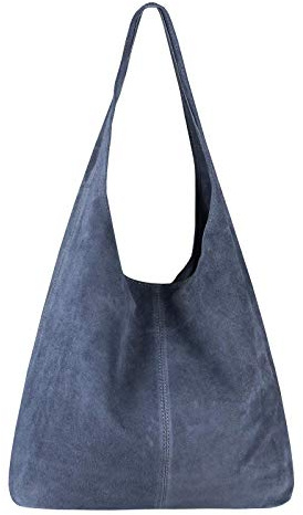 OBC Made IN Italy Damen Leder Tasche Shopper Schultertasche Hobo-Bag Henkeltasche Beuteltasche Handtasche Wildleder (Stahlblau (Wildleder))
