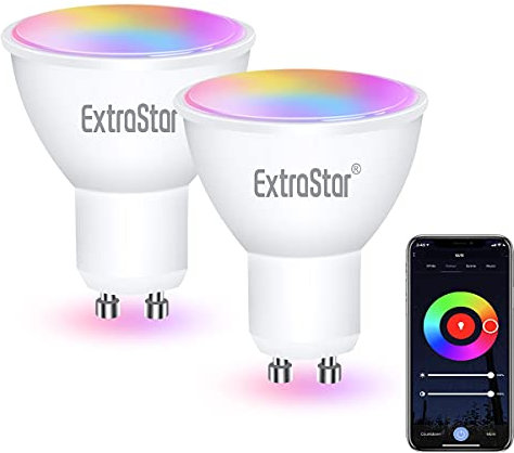 EXTRASTAR Ampoule Connectées LED GU10 compatible avec Alexa et Google Home, 6W Equivalent à 48W, Ampoules Dimmable Couleur WiFi GU10 RGB 2700-6500K Blanc Chaud et Blanc Froid 480LM, Lot de 2