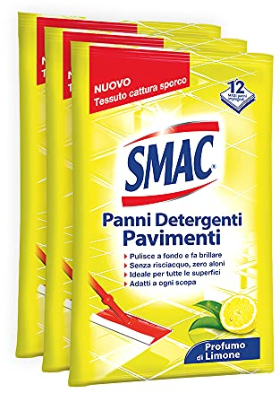 Smac - Panni Umidi Detergenti Lavapavimenti Adatti a Ogni Scopa, 36 Panni, Pulizia senza Risciacquo, Zero Aloni, Profumo di Limone, 12 Panni x 3 Confezioni