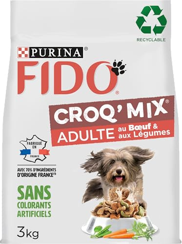FIDO | CROQ' MIX| Chien Adulte | Croquettes équilibrées et savoureuses favorisant les muscles fermes et une condition physique optimale | au Boeuf & aux Légumes | Produit en France | Sac | 3Kg