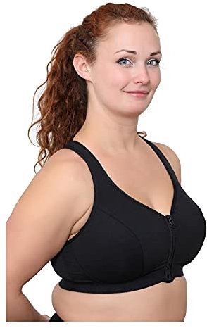 Women's Medium - High Impact Wirefree Zip Front Workout Gym Sports Bra (Black, 38F)