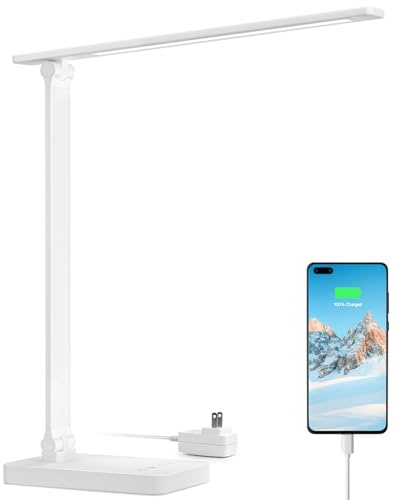 Lepro LED Desk Lamp with USB Charging Port, 700LM Dimmable Home Office Touch Control Reading Table Lamp,5 Color Modes with 5 Brightness Level, Dorm Room Essentials, Task Lamp, Sewing, Crafting, White