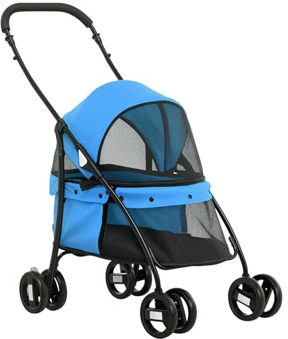 PawHut Passeggino per Cani Pieghevole con Tettuccio Regolabile, Borsa e 2 Guinzagli, Passeggino per Animali in Tessuto Oxford e Acciaio, 82x47x97 cm, Blu e Nero