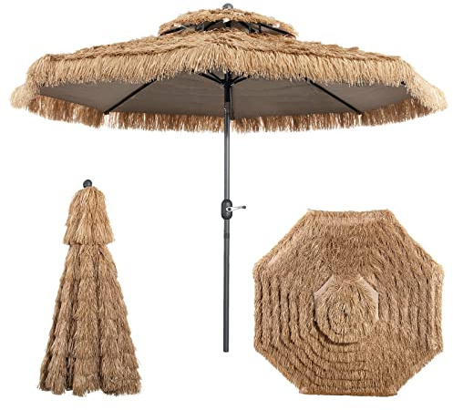 KOMFOTTEU Sombrilla de Playa Hawaiana Ø270/300cm de Paja de PE, Parasol Inclinable con 8 Varillas y Doble Techo para Jardín, Terraza, Balcón