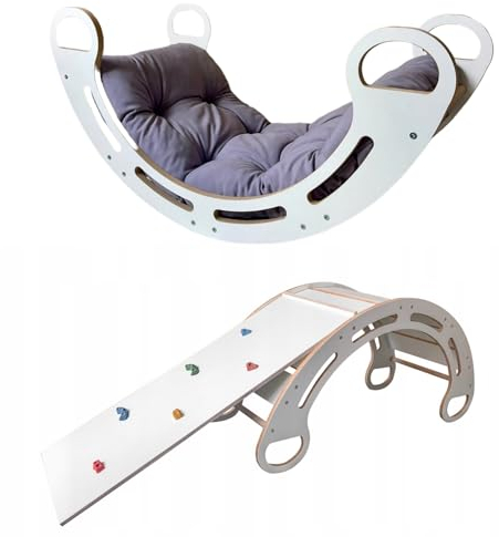 Montessori Arco da Arrampicata con Scivolo e Cuscino (Grigio) per Bambini 85 x 41,5 x 39 cm - Struttura Arrampicata per interni a partire da 1 anno - in MDF