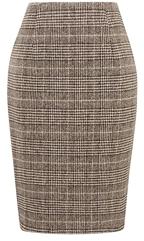Midi Skirt with Slit Fall Fashion 2023 High Waisted Pencil Bodycon Tweed Grid Wool Plaid Skirts Winter Clothes, Grid Coffee, M