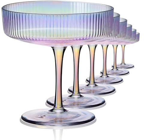 CUKBLESS Iriserande martiniglas set med 6, champagneglas, handblåsta vintage ribbade glasögon, cocktailglas för Margarita, whisky, efterrätt, 207 ml