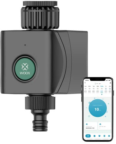 Centralina Irrigazione WiFi Woox, Timer Automatico per Prato e Giardino, Temporizzatore di Irrigatore Intelligente con App di Controllo Remoto Wireless, Irrigazione a Goccia con Ritardo Della Pioggia