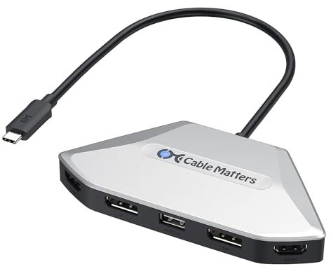 Cable Matters Adaptador USB C MST para Cuatro Pantallas 4K con Carga PD de 140 W, concentrador USB C con 2 DisplayPort 2.1 y 2 HDMI 2.1, USB4, Compatible con Thunderbolt 4/5