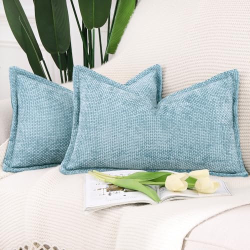 Madizz 2er Set Chenille Samt mit Rand Kissenbezüge Weiche Dekorativ Zierkissenbezüge Modern Kissenhülle für Sofa Wohnzimmer Schlafzimmer Hellblau 40x60 cm