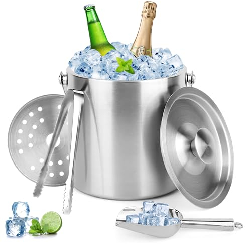 NVIYAM 2L Edelstahl Eiskübel mit Doppelwandiger-Design,Eiswürfelbehälter mit Deckel,Getränkekühler für Partys, Bier,Cocktailbar, Kühlen Wein, Champagner,Eiseimer mit Deckel & Eisschaufel & Zangen