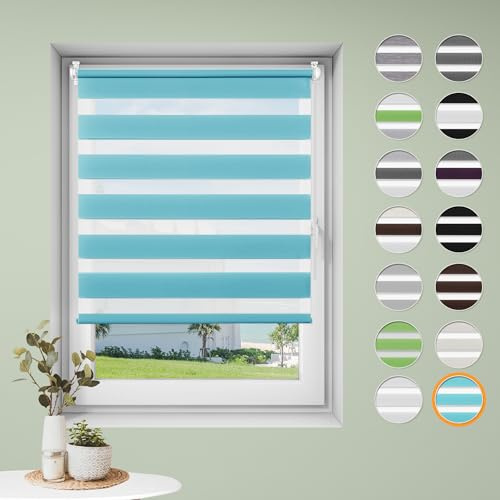 Sanfree Doppelrollo klemmfix ohne Bohren Duo Rollos für Fenster ohne Bohren Türkis B45 x H130cm-Stoffbreite 41cm Fensterrollo Klemmrollos für Fenster und Tür Sonnenschutz & Sichtschutz