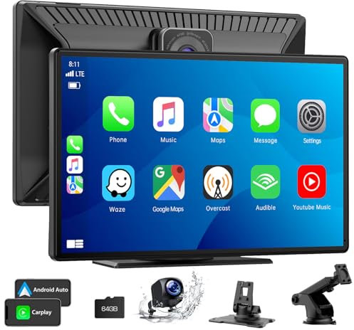 LAMTTO A-pple CarPlay Screen,9 Zoll Android CarPlay Display,Android Auto Bildschirm mit Vordere und 1080P Rückfahrkamera, Autoradio mit 64GB TF-Karte,Siri/G-oogle, Bluetooth, Mirror Link, GPS, FM