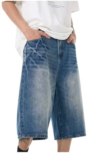 Men's Y2K Baggy Denim Shorts Wide Leg Bermuda Jorts Loose Capri Cargo Trousers Plus Size Cotton