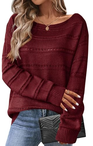 HOTOUCH Maglioni da donna UK a maniche lunghe autunno inverno maglione morbido traforato pullover top lungo fuori dalla spalla maglione lavorato a maglia, Rosso vinaccia, XXL