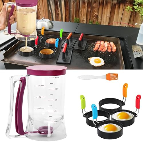 Guniata Degportionerare, 900 ml pannkaks-degdispenser, pannkaks-portionerare med 4 äggfritös för att göra kakor, pannkakor, muffins, våfflor (A)