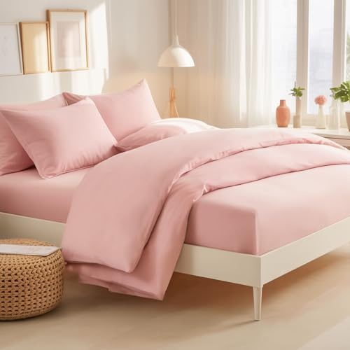 RUIKASI Bedding Sets King Size Bed - 4 Piece Bedding Set Kingsize Bed, Deep Pocket Fitted Sheet and Duvet Cover with Pillow cases, Soft Microfiber Duvet Set with Zipper, Rose Pink