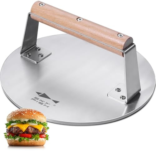 SKY FISH® Pressa per hamburger in acciaio inossidabile, pressa pesante da 1650 g per pancetta e hamburger con manico in legno da 21,6 cm, strumento da barbecue per bistecca, carne e pancake