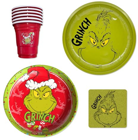 The Grinch - Lot de 12 pièces - Avec assiettes à biscuits de 26 cm en rouge et vert - En tôle de fer - Dessous de verre en feutre pour boissons et gobelets à liqueur de 55 ml - Décoration de Noël