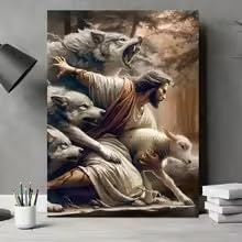 DHHXY Gesù Cristo protegge il gregge, stampa su tela, poster vintage lupo e pecora, stampe artistiche, soggiorno, camera da letto, decorazione da parete per la casa (35x50 cm/Gallery Wrap)
