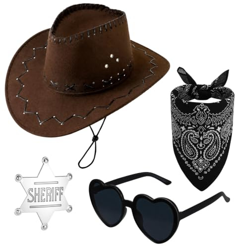 ViEinkaufen 4pcs Cowboy Hat Fancy Dress Accessory Cowgirl Costume Set | with Western Bandanna Glasses and Badge, Unisex Texan Costume Accessories for Adult Women Men Halloween Party Cosplay