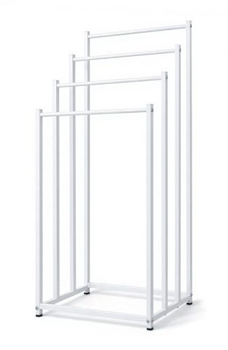 OWLKELA 4 Tier Freestanding Towel Rail, Metal, White | Towel Drying Stand, Towel Storage Rack, Metal Towel Rack for Bathroom, Bedroom, Balcony