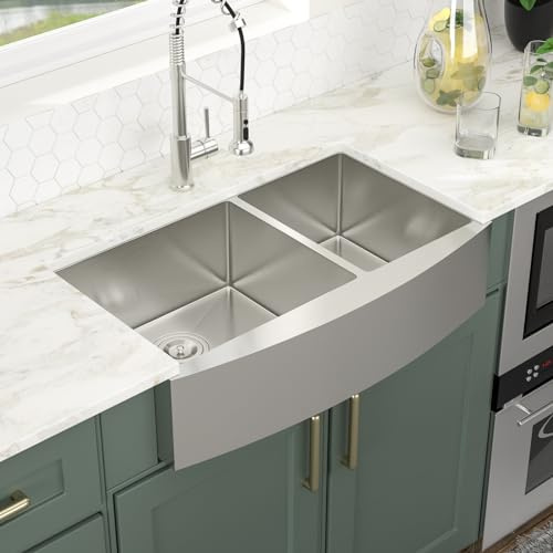 Logmey 33 Inch Farmhouse Sink 60/40 Double Bowl Kitchen Sink Apon Front Sink 16 Gauge 304 Stainless Steel Farm Sinks 33x20x9