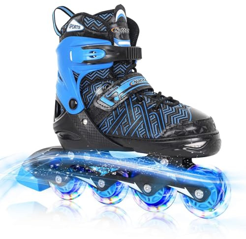 Nattork Adjustable Inline Skates for Tollder Boys with Light up Wheels - Blue Little Kids Blade Roller Skating for Beginners Size 10J 11J 12J Ages 3 4 5 6