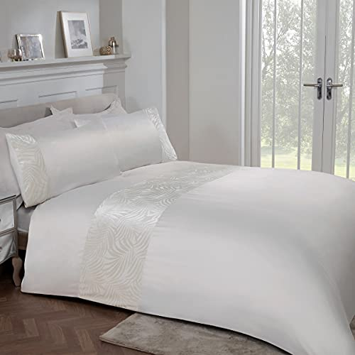 Sleepdown Floral Leaf Velvet Cuff Panel Ivory Cream Luxury Soft Easy Care Duvet Cover Quilt Bedding Set with Pillowcases - King (220cm x 230cm), 5056242803164
