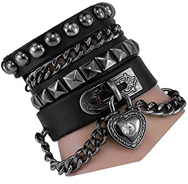 Perfect 4U Rivet Bracelet Multilayer Black Leather Cuff Heart Pendant Bangle Studded Chain Wrist Punk Sports Rock Bracelet Adjustable (Black Heart)