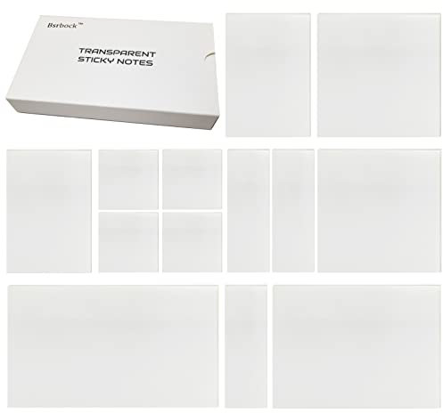 Bsrbock Transparent Sticky Notes 650 Sheets, Clear Sticky Notes, See Through Invisible Translucent Sticky Note for School, Office 13 Packs, (1.5x1.5, 3x1, 3x2, 3x3, 3x4,3x5)
