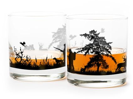 Black Lantern Nature Whiskey Glasses Set of 2 – 11oz Heavy Base Old Fashioned Rocks Glasses – Screen Printed Wildlife & Landscape Designs with Gift Box (Hunting Landscape)